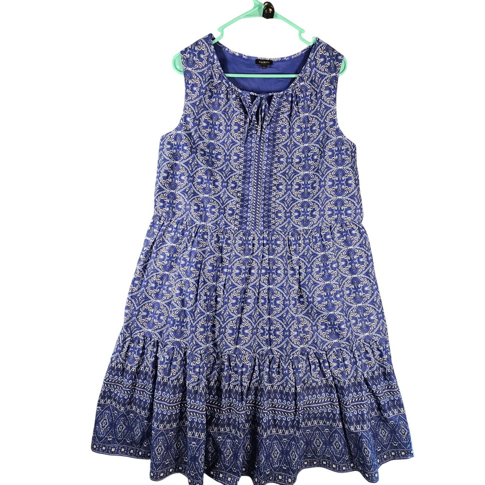 Talbots Womens Blue White Medallion Print Tiered Cotton Shift Dress Size L